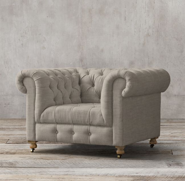 GRAY LINEN TUFTED ARM CHAIR